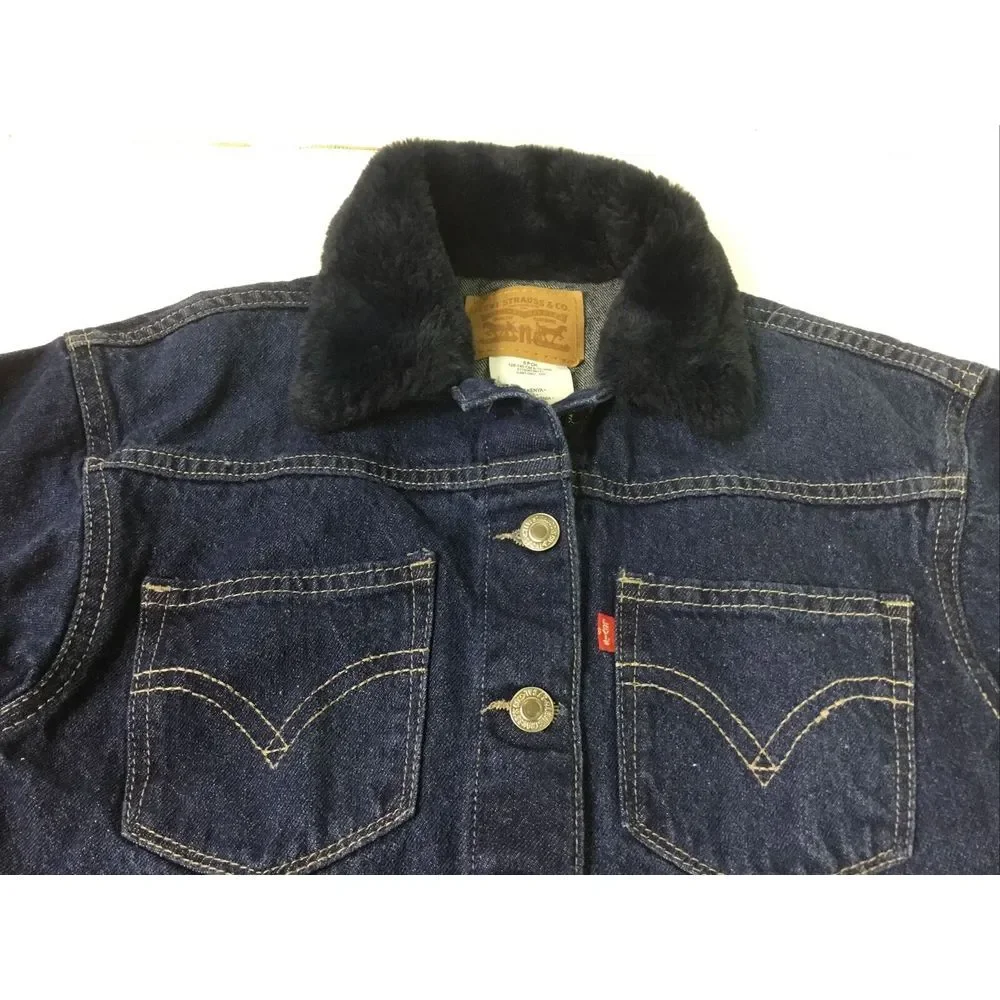 Levi Jacket‎ Child Size SP Blue Denim Collar Blue faux fur Button Kids Chest 30
